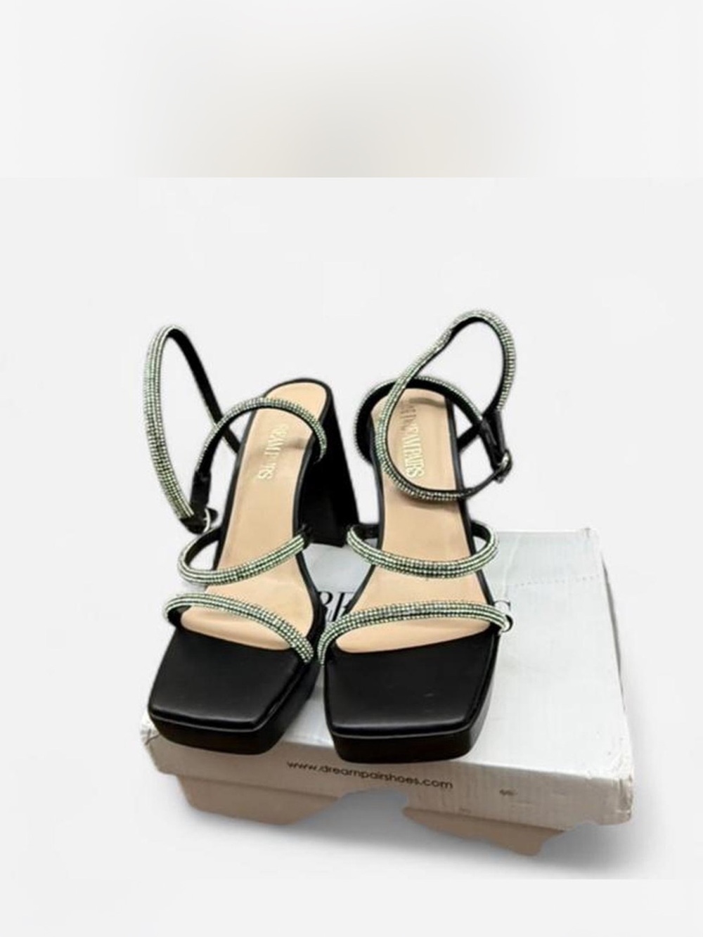 Elegant Black Square-Toe Block Heels with bedazzled-Accented Straps
